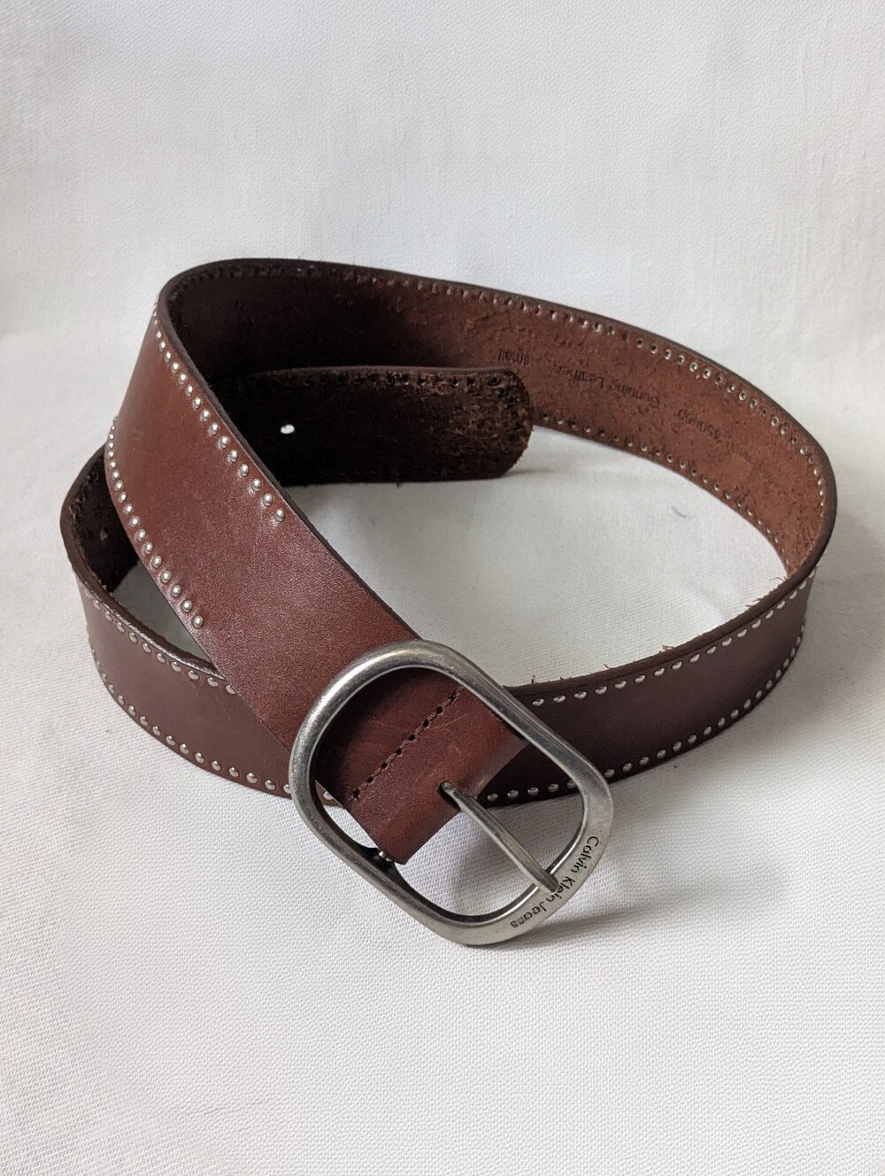 Calvin Klein Jeans Brown Genuine Leather Studded Wide Belt Curved Silver Buckle